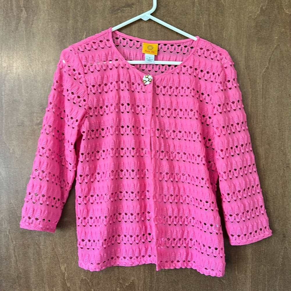 Ruby Rd. Pink Open Front Eyelet Lace Cardigan